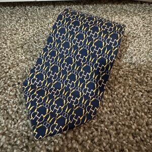 Vintage Paolo Gucci Designer Silk Tie Navy & Gold Horsebit Pattern EUC